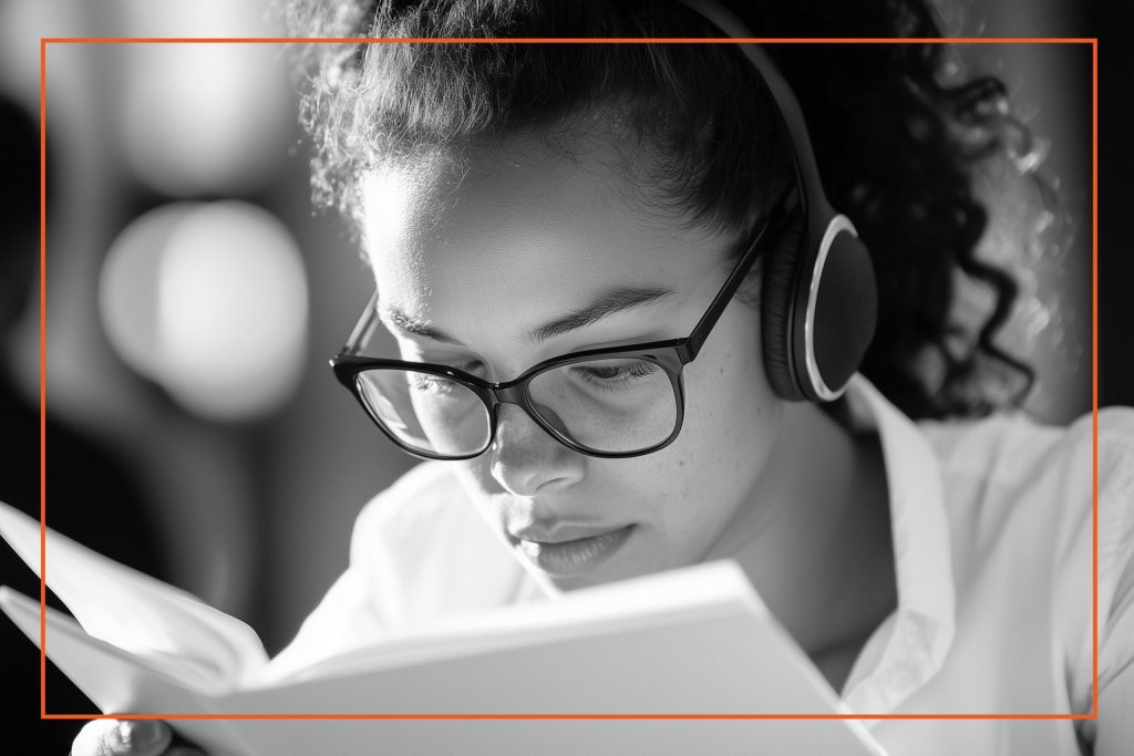 Focused professional reading with headphones, symbolizing the deep work required for developing human skills