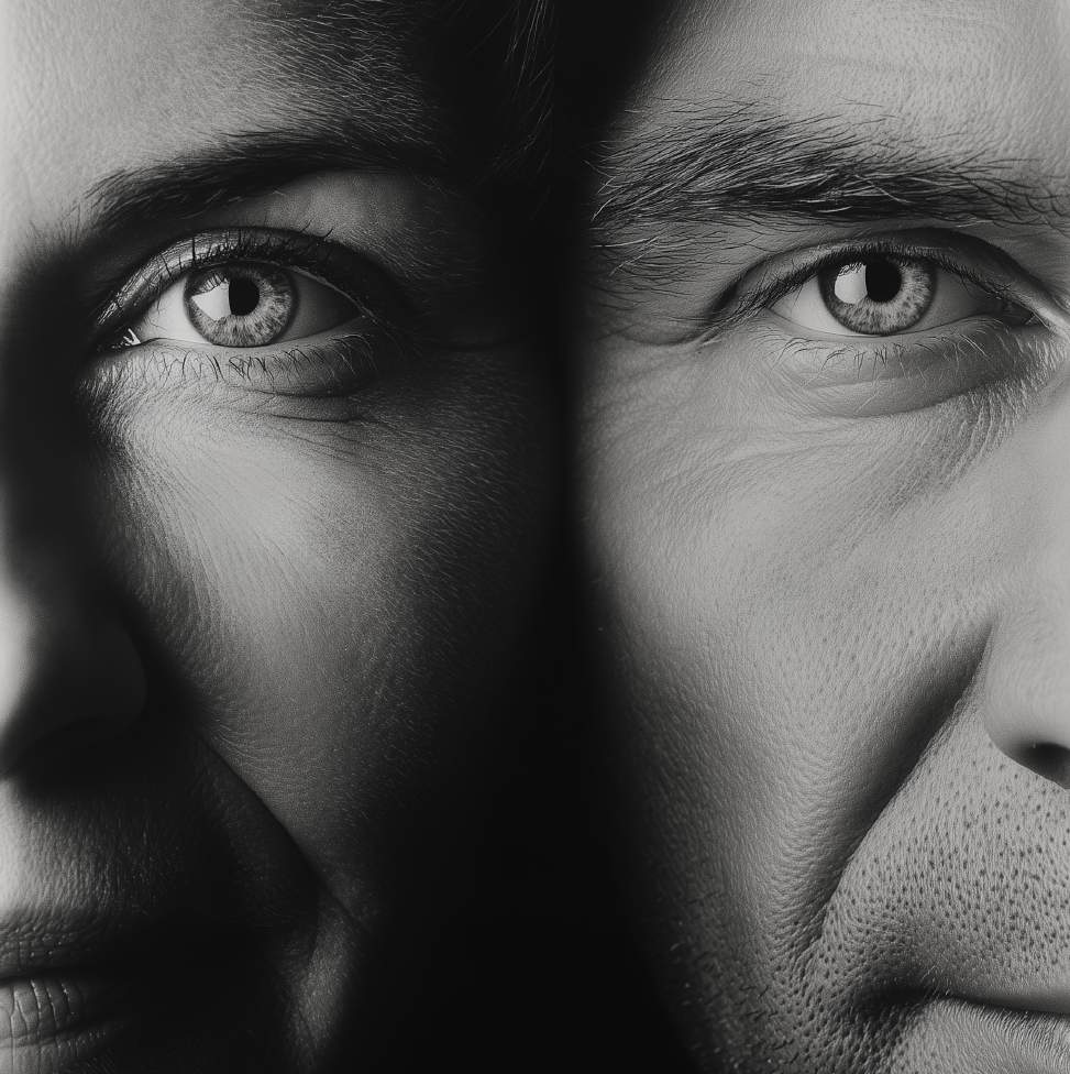 Split face representing unity in leadership behavior and culture